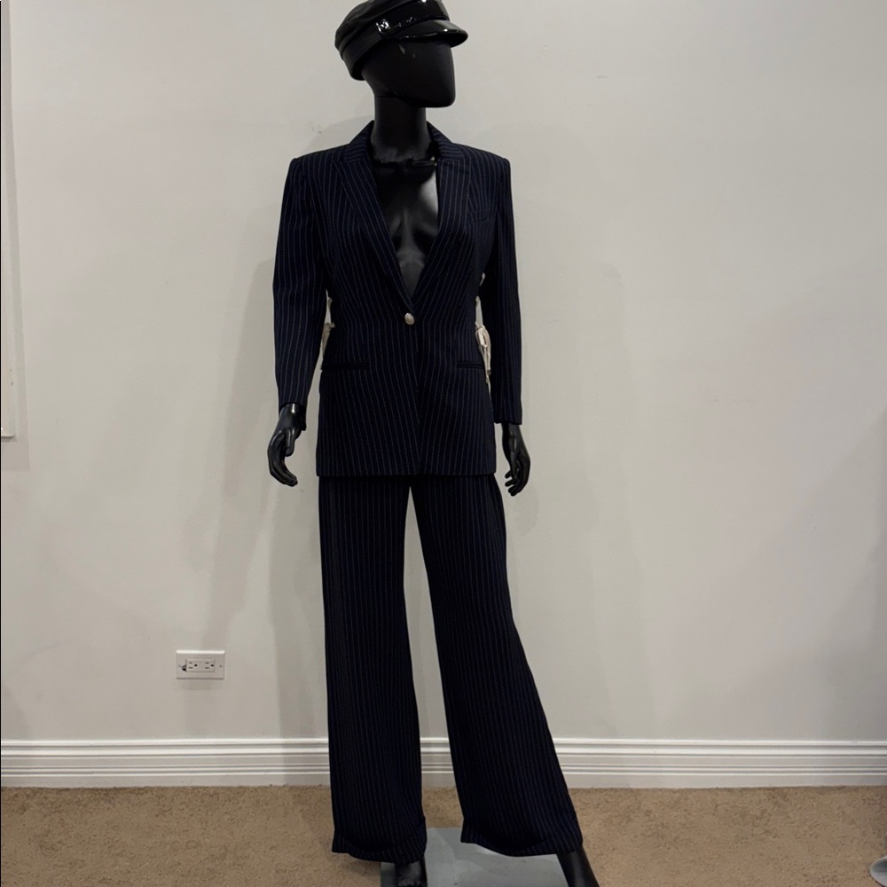 Veronica Beard Pinstripe Lace-Up Blazer & High-Waist Pants Suit Navy Size 4 US